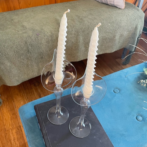 Vintage hand blown Calla Lilly glass candle holders clear Jack in the Pulpit S/2 - Picture 7 of 10